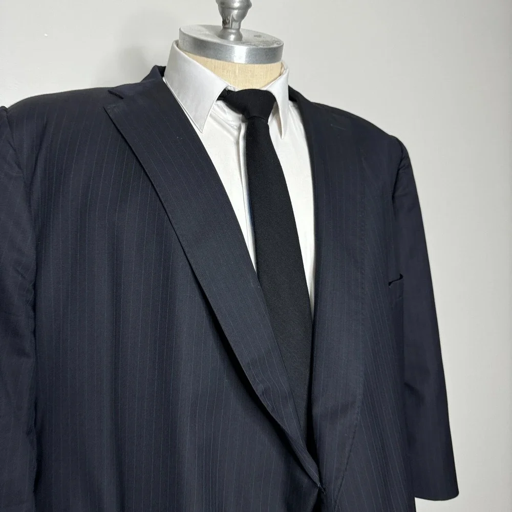 Royal Classic Suit Mens 60S 58W‎ Navy Blue Pinstripe Pleated Cuffed Wool Blend